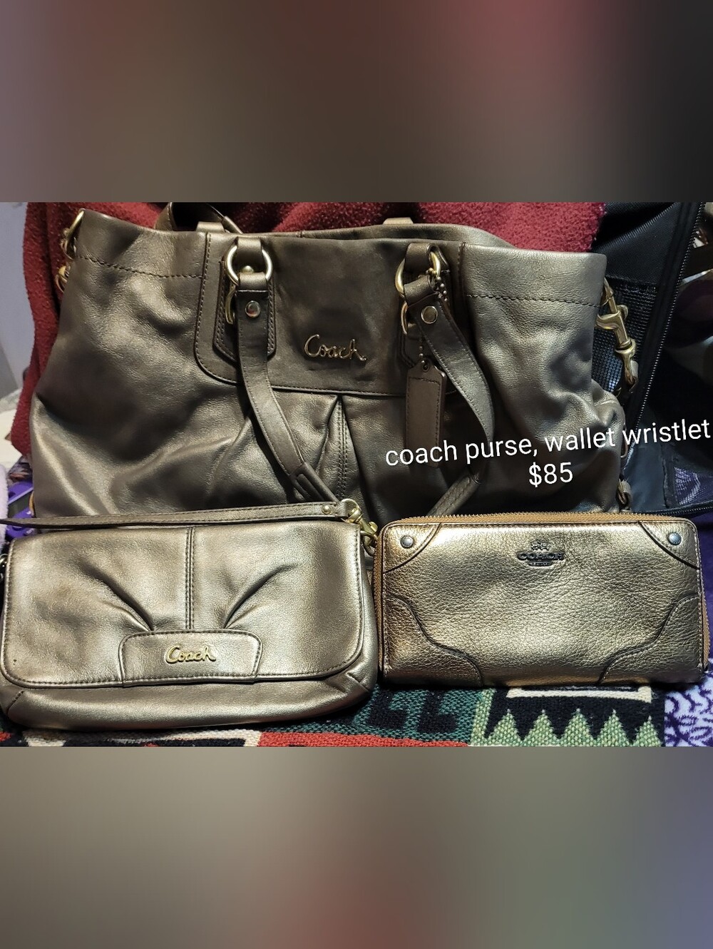 Coach Metallic Bronze Leather Tote with Matching Wallet & Wristlet Set